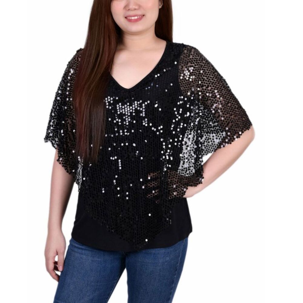 NY Collection Petite Sequin-Front Poncho Top
